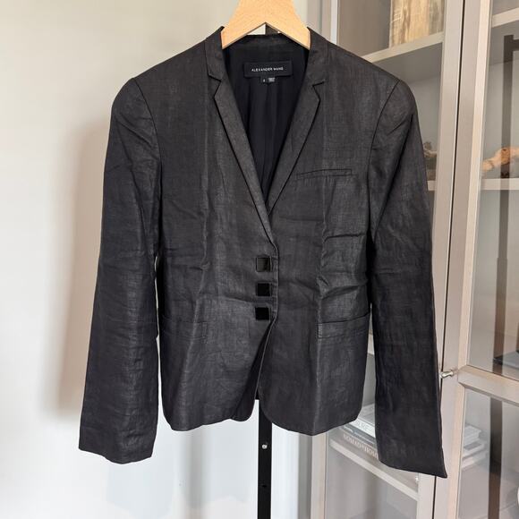 Alexander Wang Linen Blazer Black Glossy Silk Lined Single Breasted Jacket 4 S - Picture 1 of 6